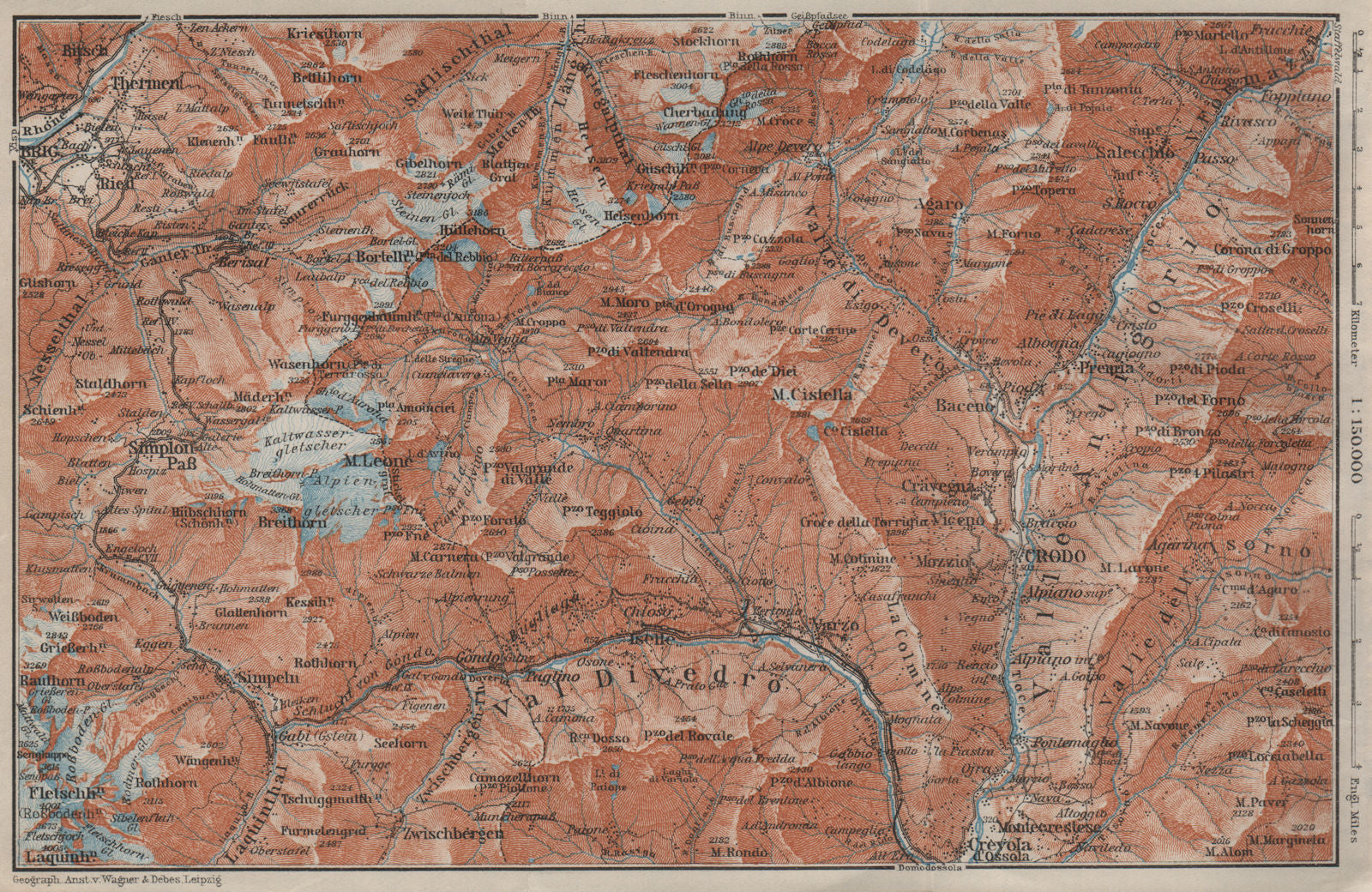 SIMPLON PASS & VAL ANTIGORIO. Thermen Val Divedro Crodo Agaro Topo-map 1909